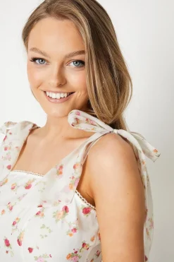 Ditsy Floral Tie Shoulder Organza Tiered Midi Dress