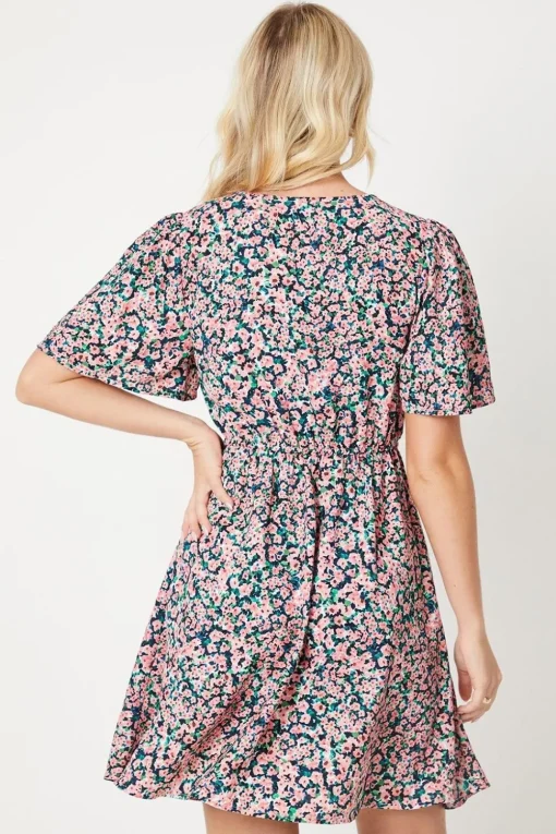 Ditsy Floral V Neck Tie Front Mini Dress