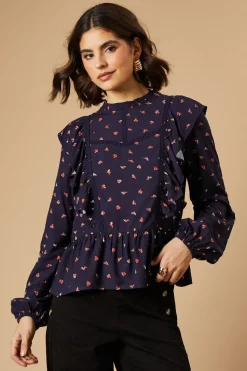 Ditsy Printed Ruffle Lace Trim Top