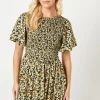 Ditsy Shirred Bodice Flutter Sleeve Mini Dress