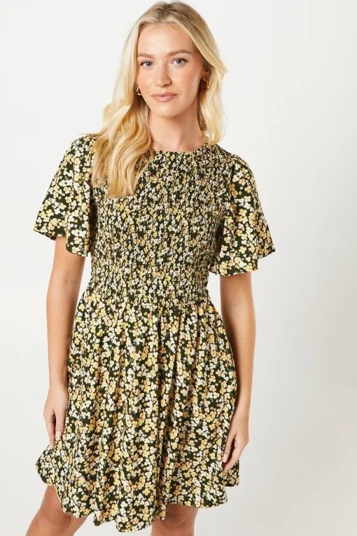 Ditsy Shirred Bodice Flutter Sleeve Mini Dress