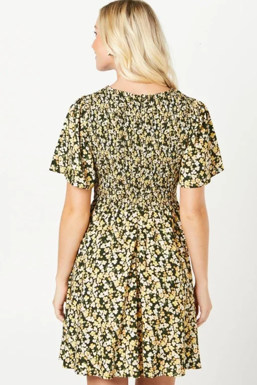 Ditsy Shirred Bodice Flutter Sleeve Mini Dress