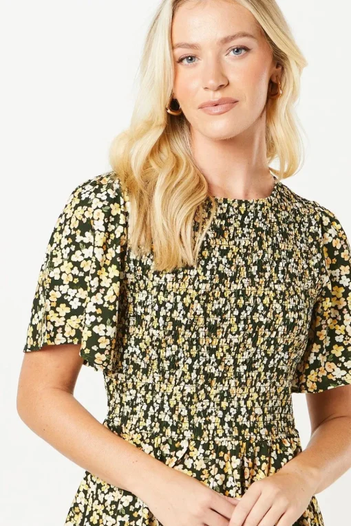Ditsy Shirred Bodice Flutter Sleeve Mini Dress
