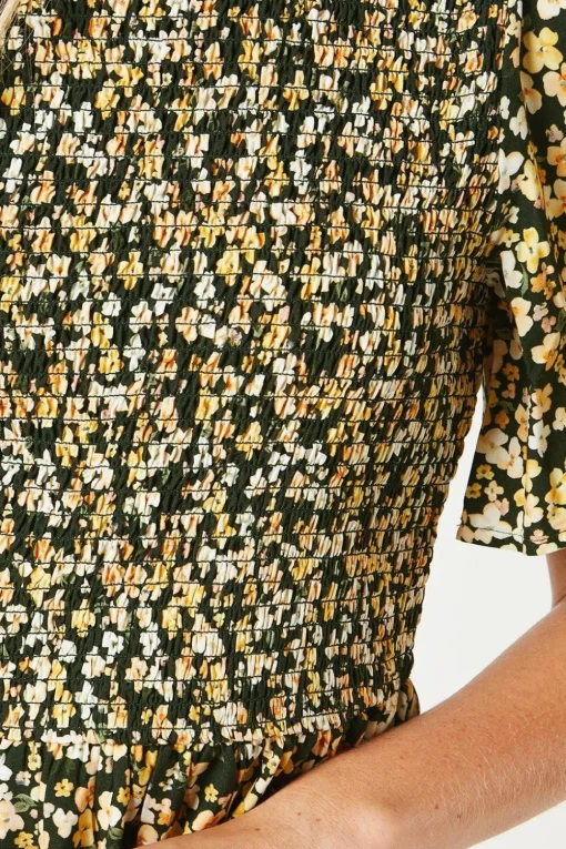 Ditsy Shirred Bodice Flutter Sleeve Mini Dress