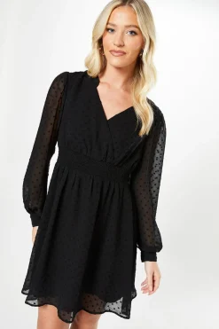 Dobby Chiffon Long Sleeve Shirred Waist Mini Dress