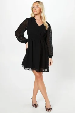 Dobby Chiffon Long Sleeve Shirred Waist Mini Dress
