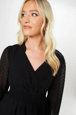 Dobby Chiffon Long Sleeve Shirred Waist Mini Dress