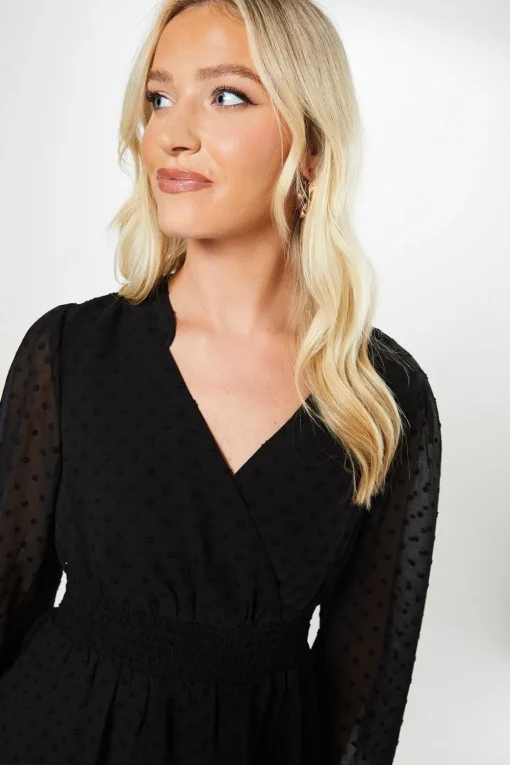 Dobby Chiffon Long Sleeve Shirred Waist Mini Dress