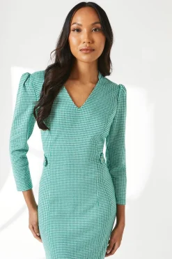 Dogtooth Jacquard Tab Belt Midi Dress