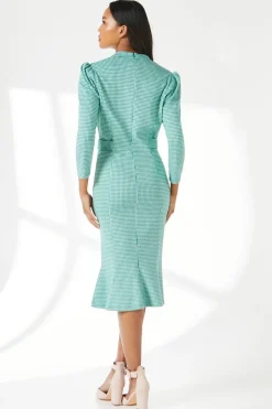 Dogtooth Jacquard Tab Belt Midi Dress