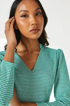 Dogtooth Jacquard Tab Belt Midi Dress