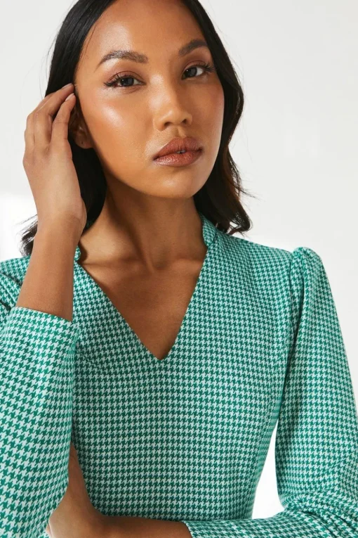 Dogtooth Jacquard Tab Belt Midi Dress