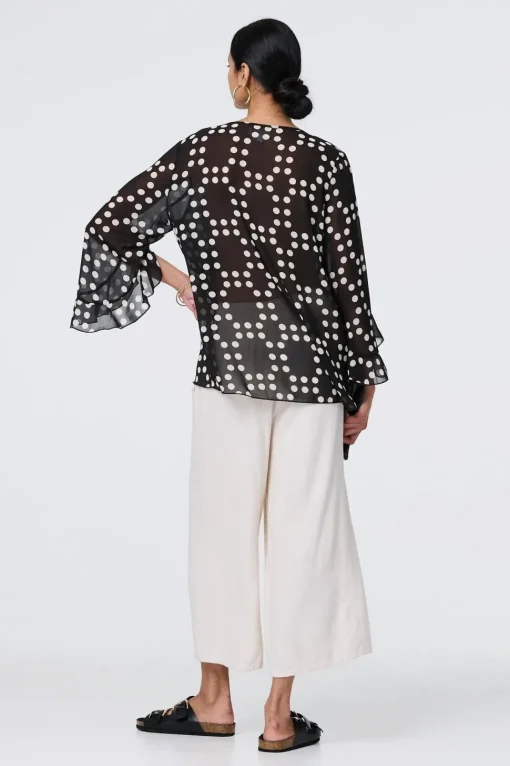 Dot Print Semi Sheer Flare Sleeve Blouse