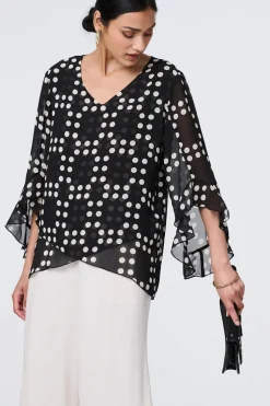 Dot Print Semi Sheer Flare Sleeve Blouse