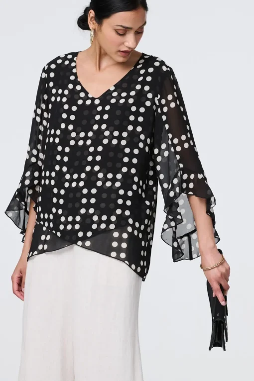 Dot Print Semi Sheer Flare Sleeve Blouse