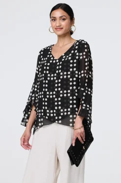 Dot Print Semi Sheer Flare Sleeve Blouse
