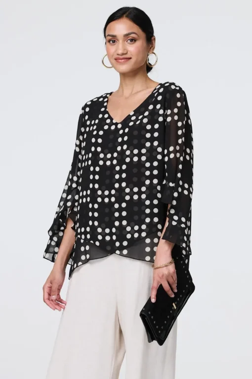 Dot Print Semi Sheer Flare Sleeve Blouse