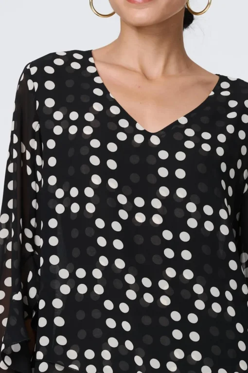 Dot Print Semi Sheer Flare Sleeve Blouse