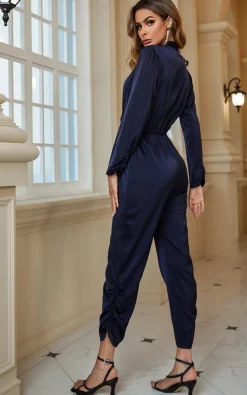 Drape Detail Satin Wrap Jumpsuit In Navy
