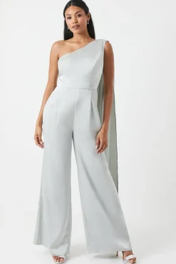 Drape Shoulder Satin Bridesmaids Jumpsuit