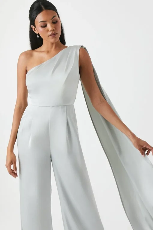 Drape Shoulder Satin Bridesmaids Jumpsuit