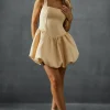 Duchess Satin Square Neckline Dipped Waist Voluminous Mini Dress