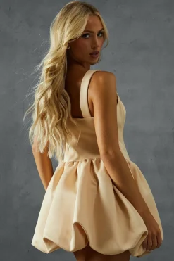 Duchess Satin Square Neckline Dipped Waist Voluminous Mini Dress