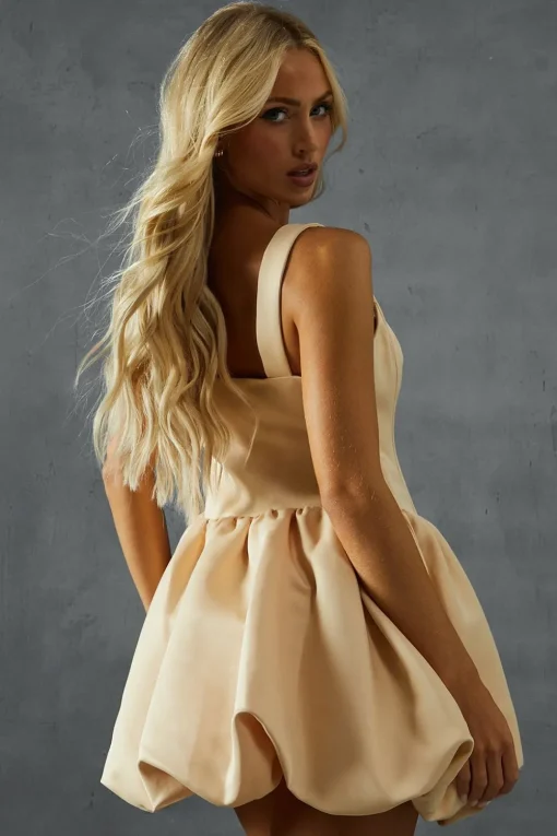 Duchess Satin Square Neckline Dipped Waist Voluminous Mini Dress