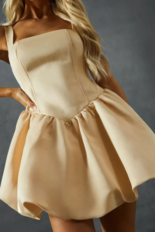 Duchess Satin Square Neckline Dipped Waist Voluminous Mini Dress