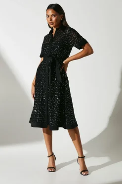 Embellished ¾ Length Sleeve Lace Tie Waist Midi Shirt Dress