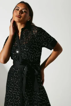 Embellished ¾ Length Sleeve Lace Tie Waist Midi Shirt Dress
