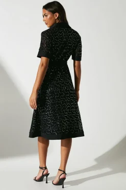 Embellished ¾ Length Sleeve Lace Tie Waist Midi Shirt Dress