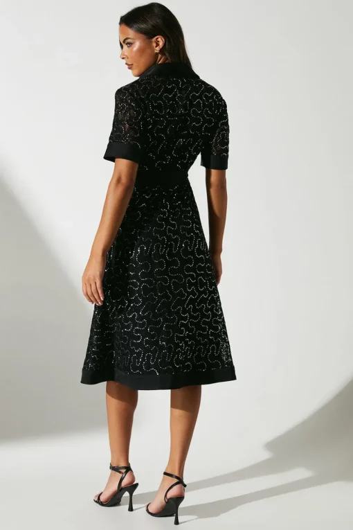 Embellished ¾ Length Sleeve Lace Tie Waist Midi Shirt Dress