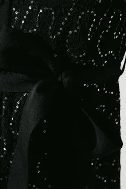 Embellished ¾ Length Sleeve Lace Tie Waist Midi Shirt Dress