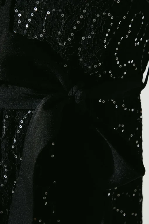 Embellished ¾ Length Sleeve Lace Tie Waist Midi Shirt Dress