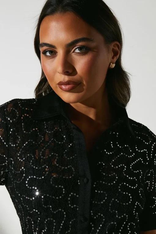 Embellished ¾ Length Sleeve Lace Tie Waist Midi Shirt Dress