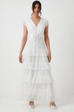 Embellished Bow Detail Mesh Tiered Wedding Dress