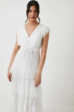Embellished Bow Detail Mesh Tiered Wedding Dress
