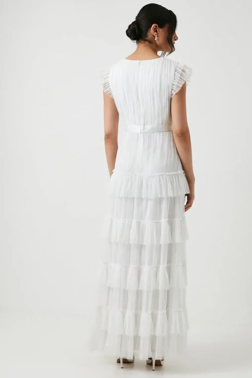 Embellished Bow Detail Mesh Tiered Wedding Dress