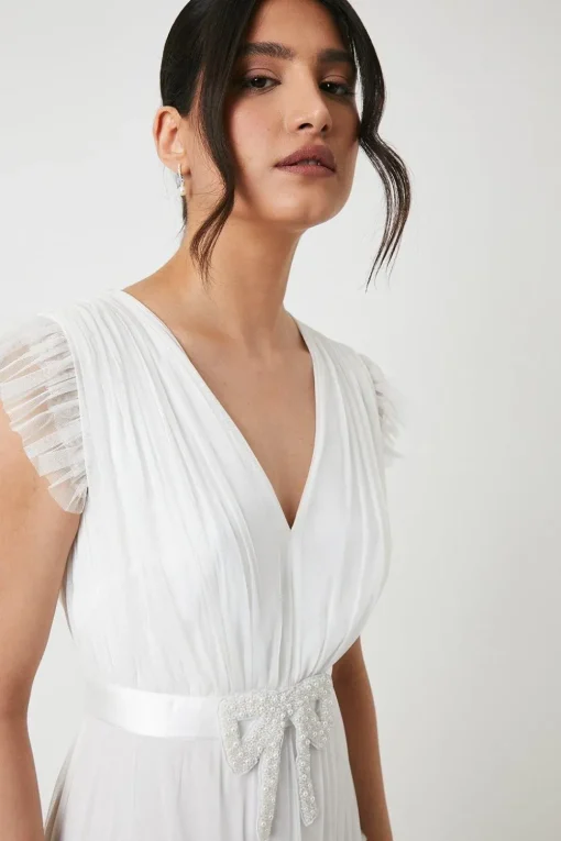 Embellished Bow Detail Mesh Tiered Wedding Dress