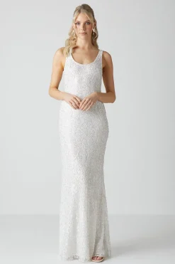 Embellished Lace Column Maxi Wedding Dress