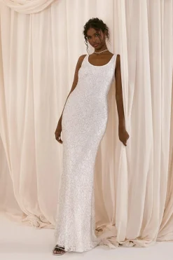 Embellished Lace Column Maxi Wedding Dress