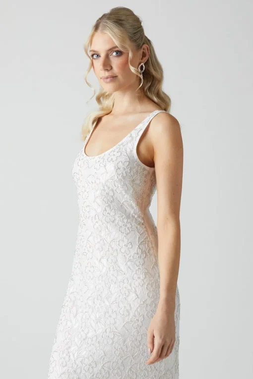 Embellished Lace Column Maxi Wedding Dress