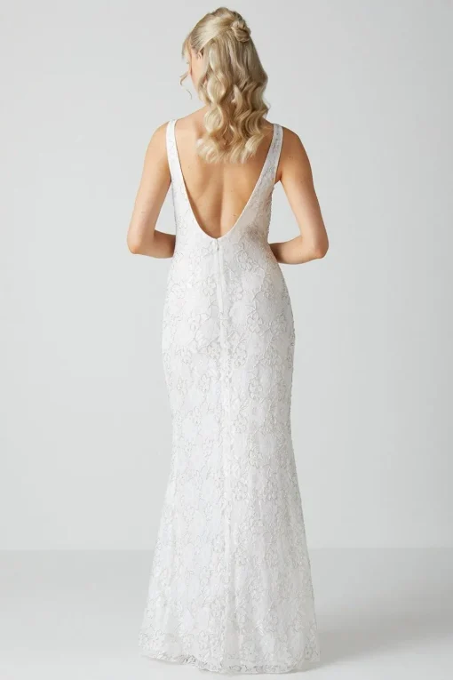 Embellished Lace Column Maxi Wedding Dress