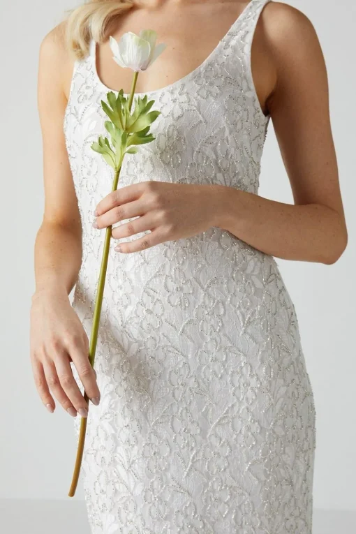 Embellished Lace Column Maxi Wedding Dress
