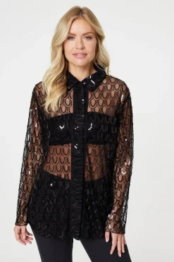 Embellished Long Sleeve Sheer Shirt