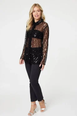 Embellished Long Sleeve Sheer Shirt