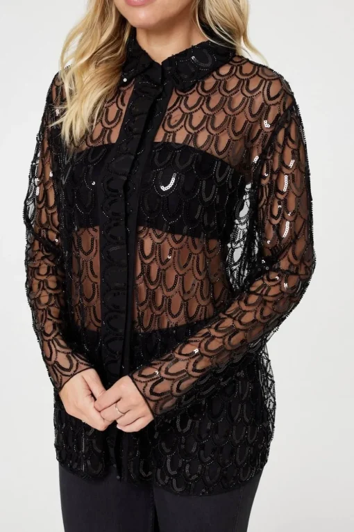 Embellished Long Sleeve Sheer Shirt