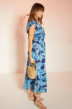 Embellished Paisley Floral Ruffle Midi Dress