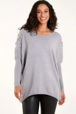 Embellished Shoulder V Neck Jumper